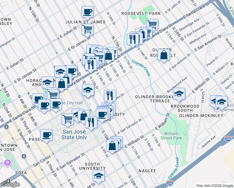 map of restaurants, bars, coffee shops, grocery stores, and more near 175 South 14th Street in San Jose