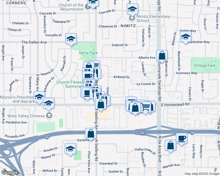 map of restaurants, bars, coffee shops, grocery stores, and more near 1657 Ontario Drive in Sunnyvale