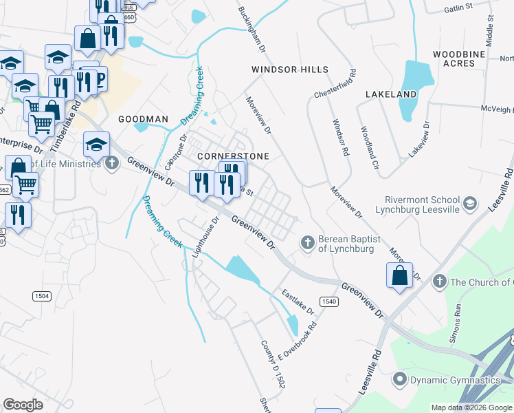 map of restaurants, bars, coffee shops, grocery stores, and more near 602 Capstone Drive in Lynchburg
