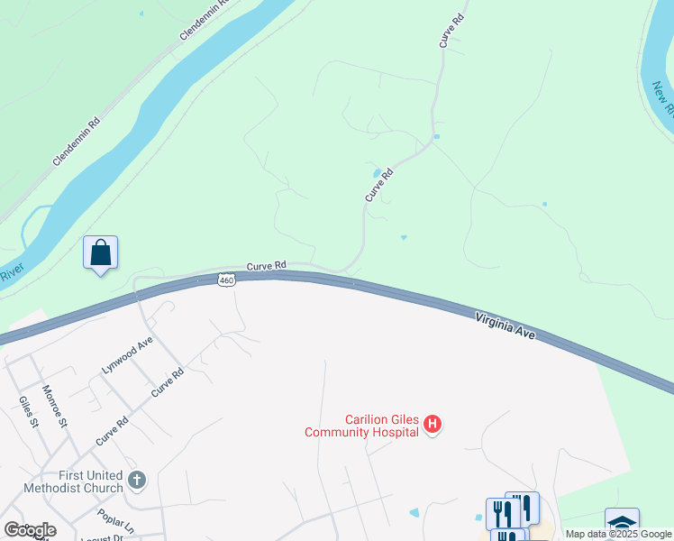 map of restaurants, bars, coffee shops, grocery stores, and more near 1913-1955 Curve Road in Pearisburg