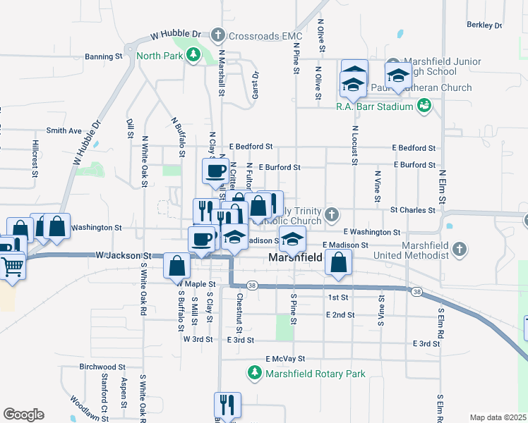 map of restaurants, bars, coffee shops, grocery stores, and more near 269 East Jefferson Street in Marshfield
