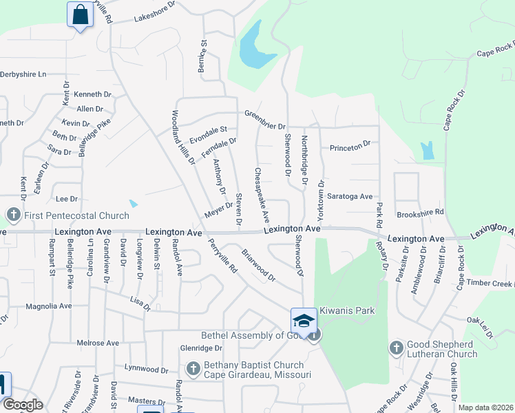 map of restaurants, bars, coffee shops, grocery stores, and more near 2039 Chesapeake Avenue in Cape Girardeau