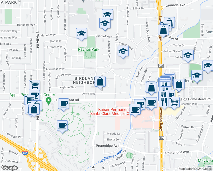 map of restaurants, bars, coffee shops, grocery stores, and more near 1639 Sparrow Court in Sunnyvale