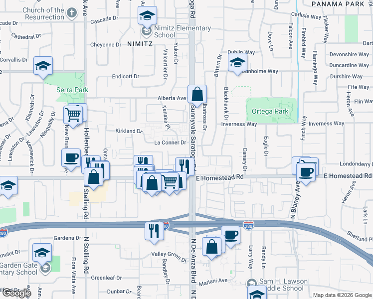 map of restaurants, bars, coffee shops, grocery stores, and more near 530 La Conner Drive in Sunnyvale