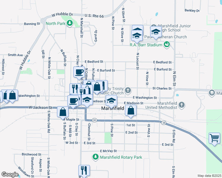 map of restaurants, bars, coffee shops, grocery stores, and more near 213 North Pine Street in Marshfield