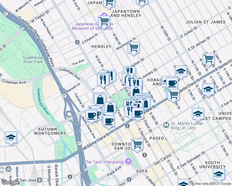 map of restaurants, bars, coffee shops, grocery stores, and more near 36 East Saint James Street in San Jose