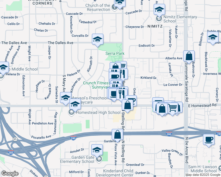 map of restaurants, bars, coffee shops, grocery stores, and more near 1655 New Brunswick Avenue in Sunnyvale