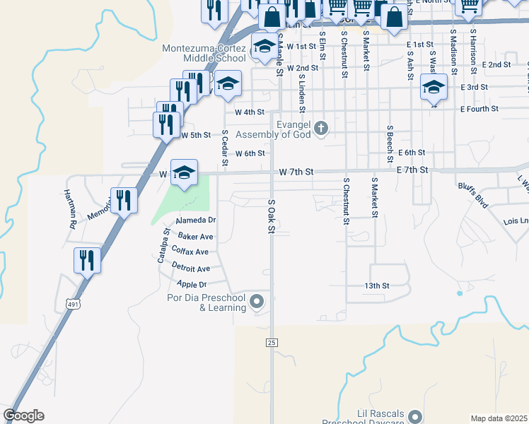 map of restaurants, bars, coffee shops, grocery stores, and more near 901 S Oak St in Cortez