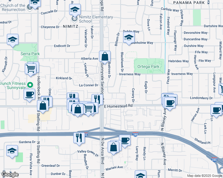 map of restaurants, bars, coffee shops, grocery stores, and more near 150 Kirbyhill Way in Sunnyvale