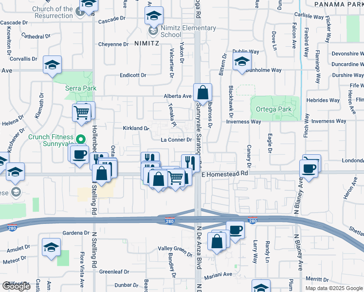 map of restaurants, bars, coffee shops, grocery stores, and more near 530 La Conner Drive in Sunnyvale