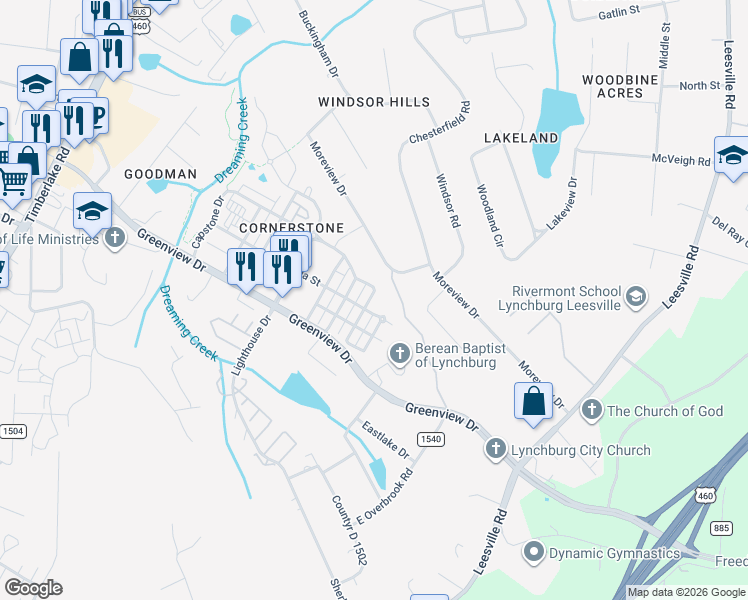 map of restaurants, bars, coffee shops, grocery stores, and more near 103 Meridian Street in Lynchburg