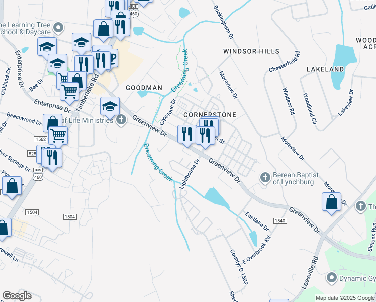 map of restaurants, bars, coffee shops, grocery stores, and more near 1209 Greenview Drive in Lynchburg