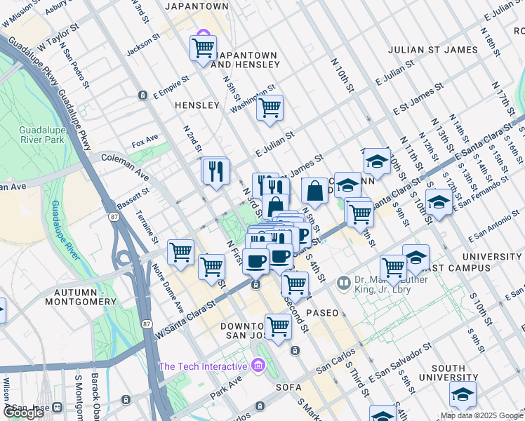 map of restaurants, bars, coffee shops, grocery stores, and more near 196 North 3rd Street in San Jose