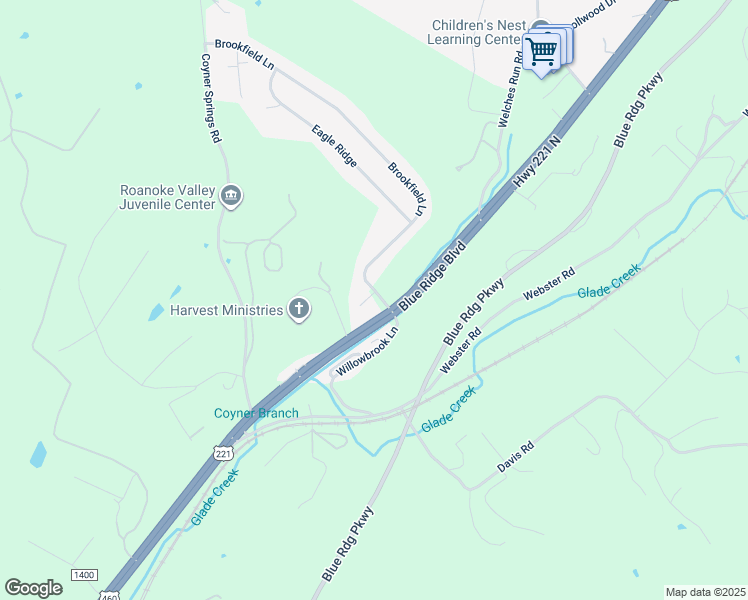 map of restaurants, bars, coffee shops, grocery stores, and more near 33 Brookfield Lane in Roanoke