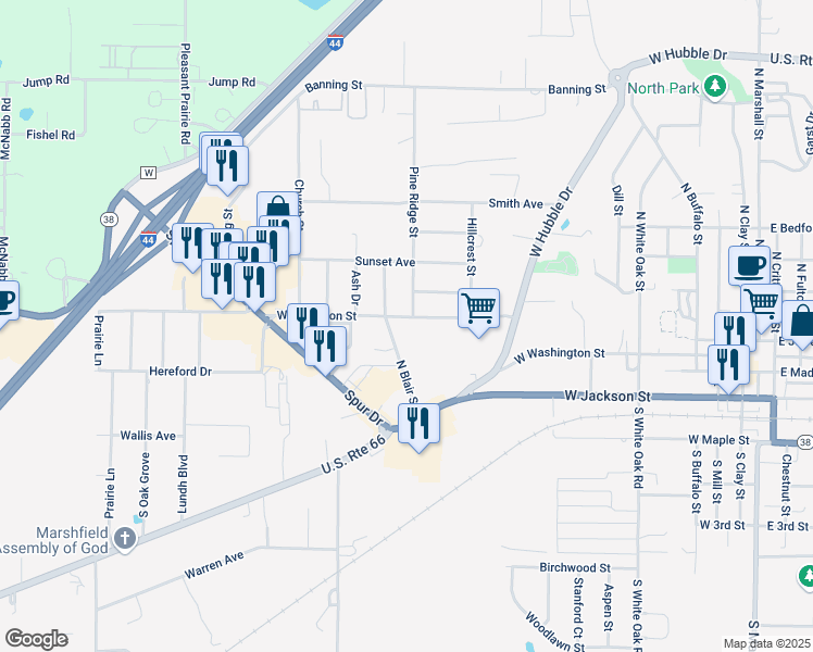 map of restaurants, bars, coffee shops, grocery stores, and more near 904 West Jefferson Street in Marshfield