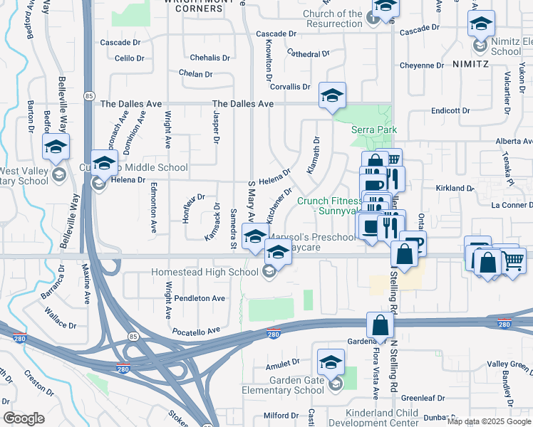 map of restaurants, bars, coffee shops, grocery stores, and more near 1663 Kitchener Drive in Sunnyvale