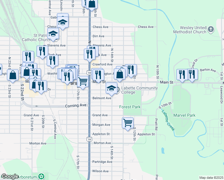 map of restaurants, bars, coffee shops, grocery stores, and more near 200 South 14th Street in Parsons