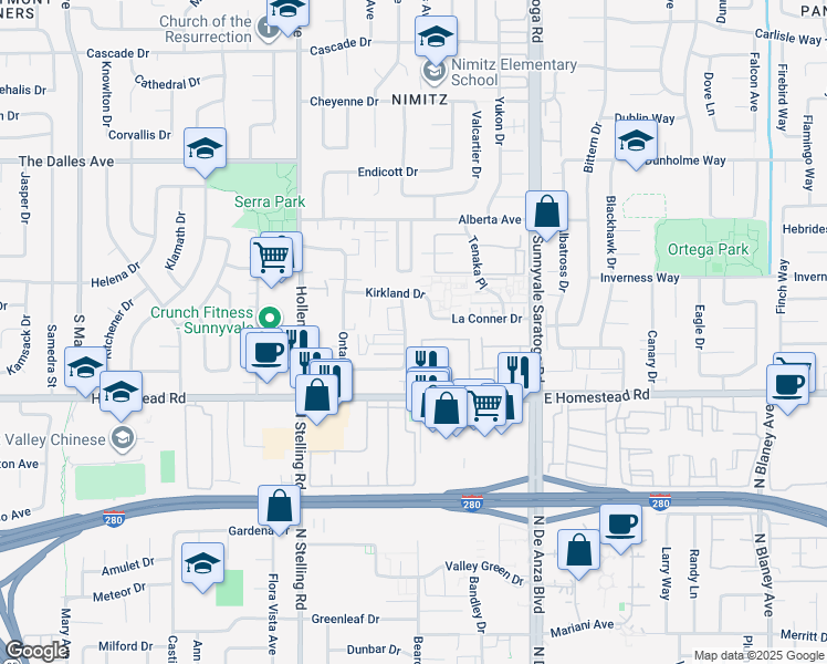 map of restaurants, bars, coffee shops, grocery stores, and more near 1626 Queen Charlotte Drive in Sunnyvale