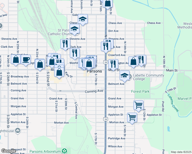 map of restaurants, bars, coffee shops, grocery stores, and more near 311 South 17th Street in Parsons
