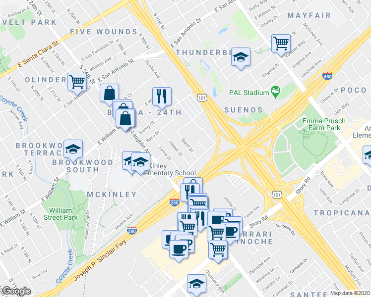 map of restaurants, bars, coffee shops, grocery stores, and more near 725 Banff Street in San Jose
