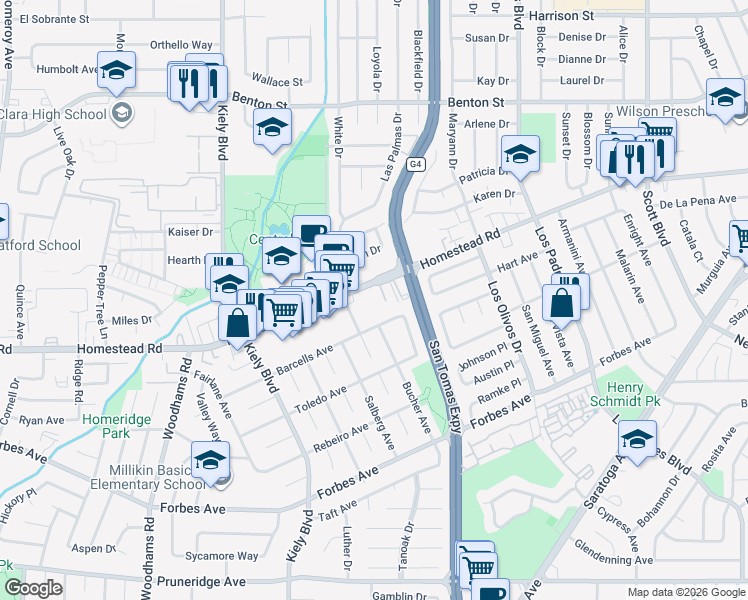 map of restaurants, bars, coffee shops, grocery stores, and more near 2580 Homestead Road in Santa Clara
