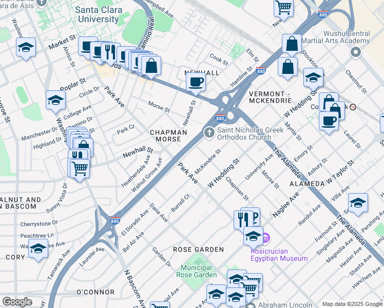 map of restaurants, bars, coffee shops, grocery stores, and more near 1336 Davis Street in San Jose