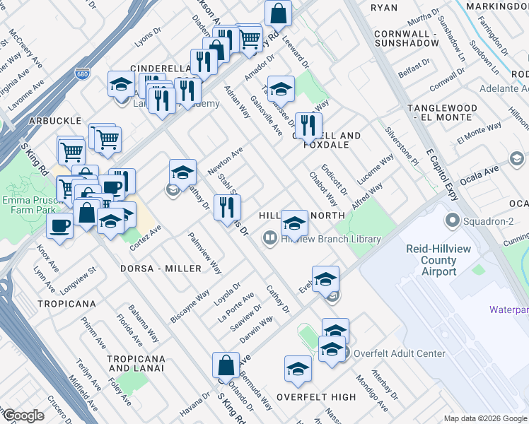 map of restaurants, bars, coffee shops, grocery stores, and more near 2092 Sullivan Avenue in San Jose