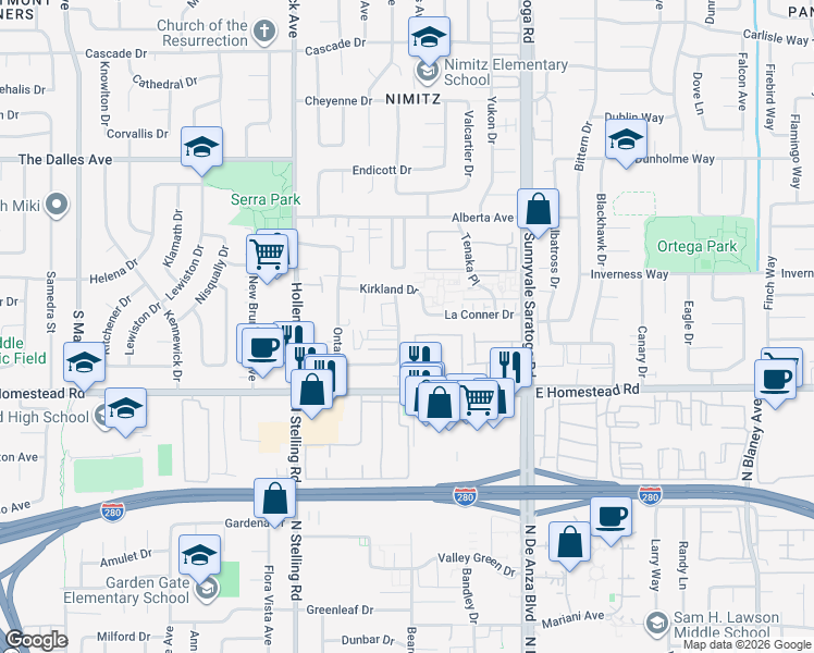 map of restaurants, bars, coffee shops, grocery stores, and more near 1630 Queen Charlotte Drive in Sunnyvale