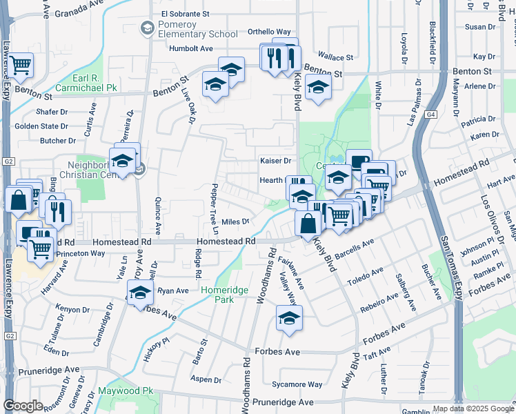 map of restaurants, bars, coffee shops, grocery stores, and more near 2921 Miles Drive in Santa Clara