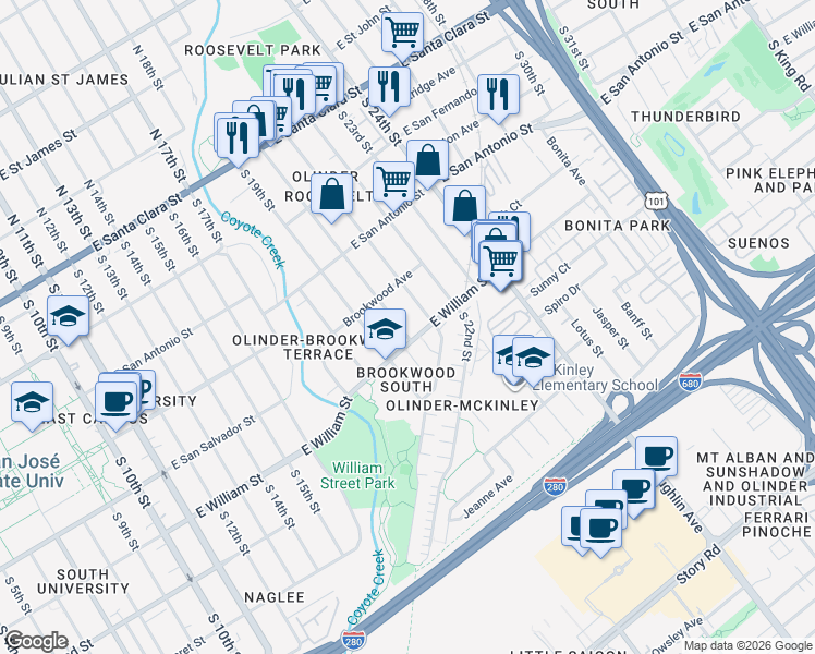 map of restaurants, bars, coffee shops, grocery stores, and more near 380 South 20th Street in San Jose