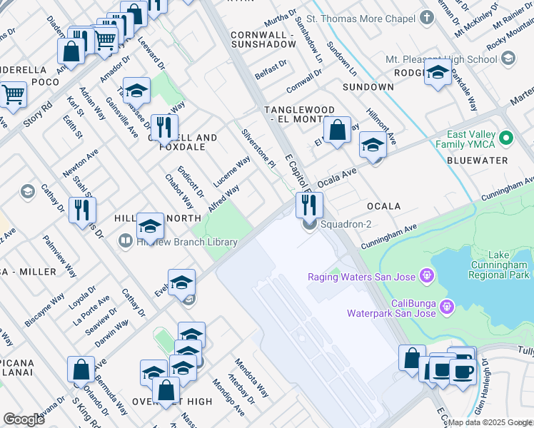map of restaurants, bars, coffee shops, grocery stores, and more near 2475 Ocala Avenue in San Jose