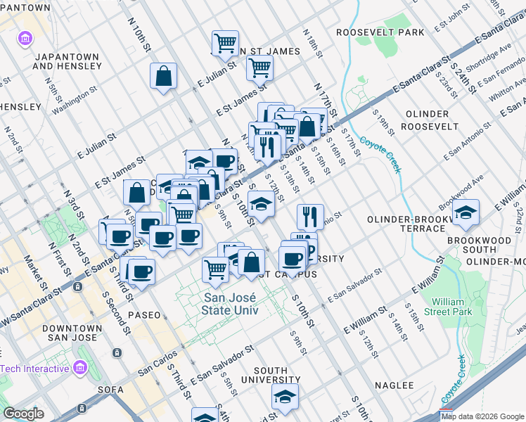 map of restaurants, bars, coffee shops, grocery stores, and more near in San Jose