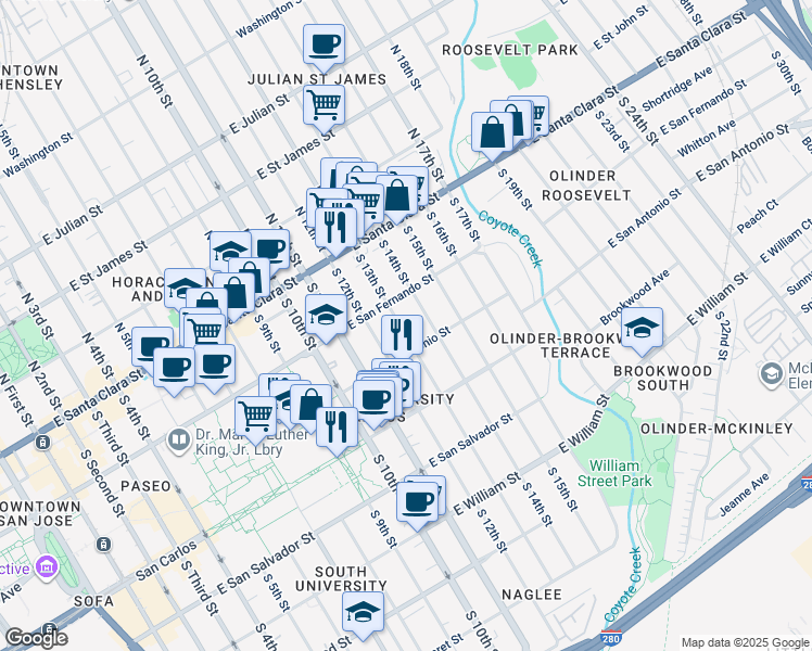 map of restaurants, bars, coffee shops, grocery stores, and more near 151 South 13th Street in San Jose