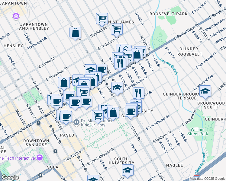 map of restaurants, bars, coffee shops, grocery stores, and more near in San Jose