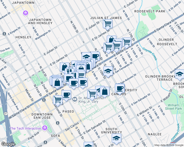 map of restaurants, bars, coffee shops, grocery stores, and more near 352 East Santa Clara Street in San Jose