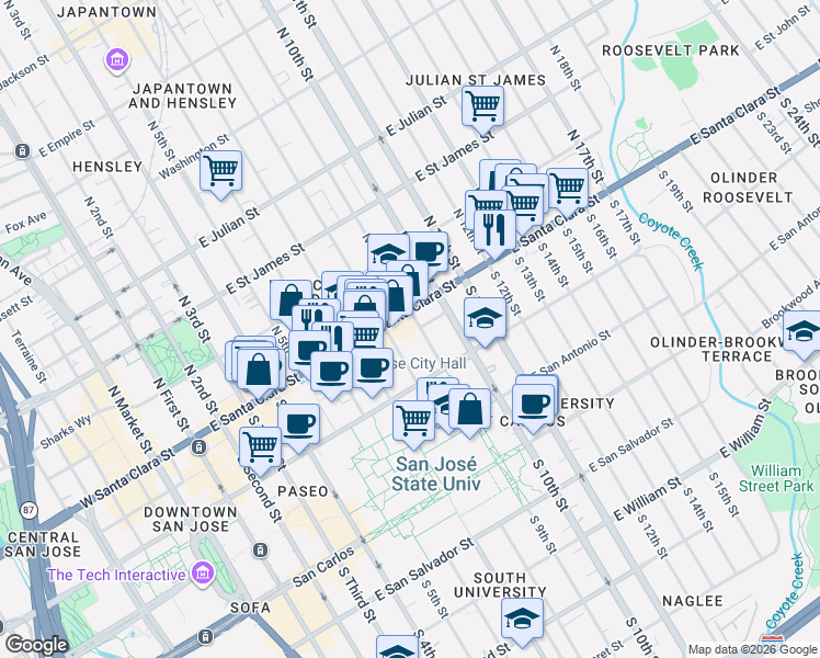 map of restaurants, bars, coffee shops, grocery stores, and more near 352 East Santa Clara Street in San Jose