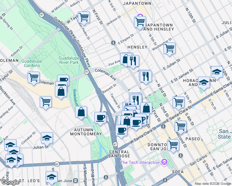 map of restaurants, bars, coffee shops, grocery stores, and more near 340 Terraine Street in San Jose