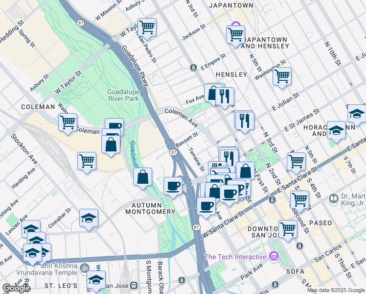 map of restaurants, bars, coffee shops, grocery stores, and more near 340 Terraine Street in San Jose