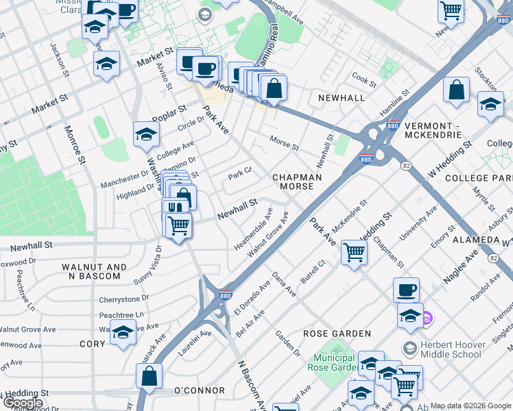 map of restaurants, bars, coffee shops, grocery stores, and more near 1526 Shady Glen Avenue in Santa Clara