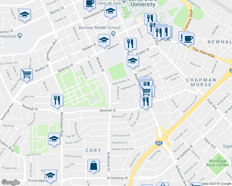 map of restaurants, bars, coffee shops, grocery stores, and more near 94 Roxbury Street in Santa Clara
