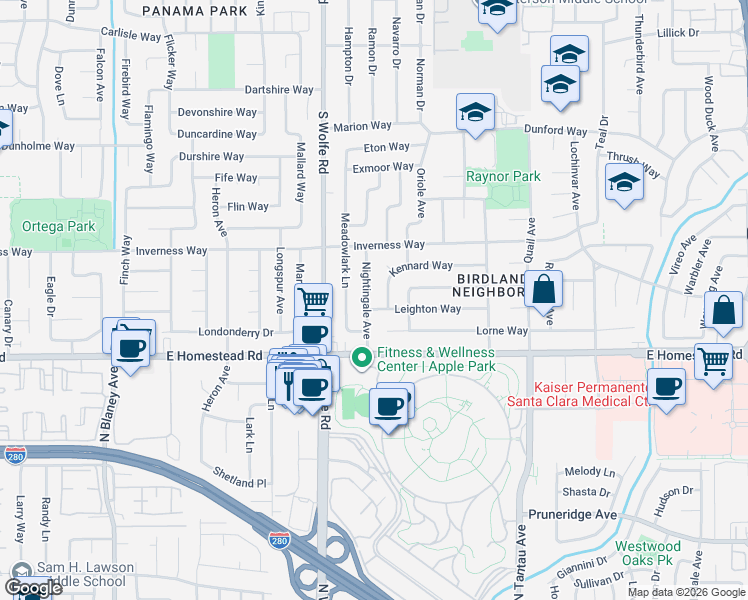 map of restaurants, bars, coffee shops, grocery stores, and more near 1676 Kennard Way in Sunnyvale