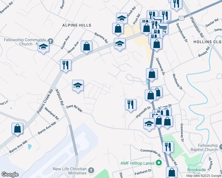 map of restaurants, bars, coffee shops, grocery stores, and more near 6488 Carefree Lane in Hollins