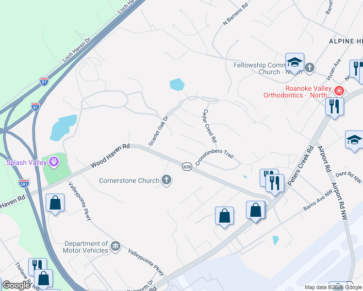 map of restaurants, bars, coffee shops, grocery stores, and more near 7029 Autumn Wood Ln in Roanoke