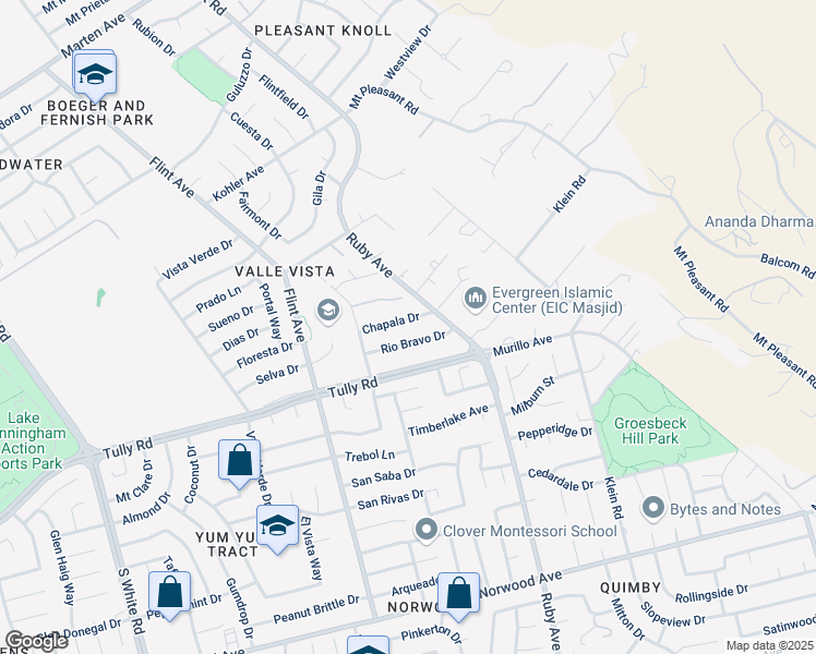map of restaurants, bars, coffee shops, grocery stores, and more near 3456 Chapala Drive in San Jose