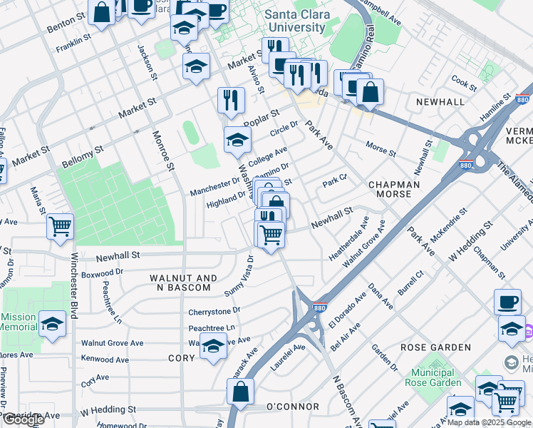 map of restaurants, bars, coffee shops, grocery stores, and more near 31 Washington Street in Santa Clara