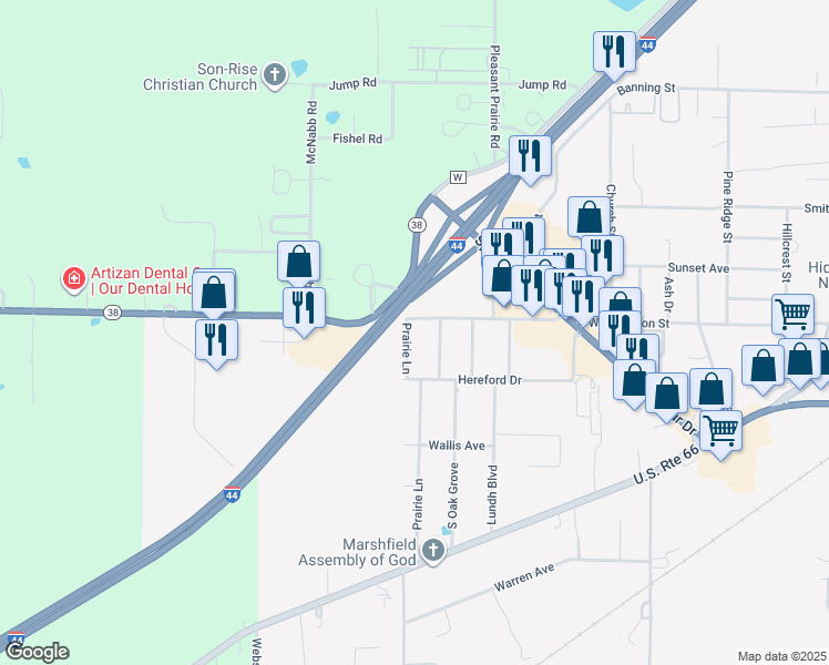 map of restaurants, bars, coffee shops, grocery stores, and more near 144 North Prairie Lane in Marshfield