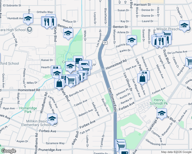 map of restaurants, bars, coffee shops, grocery stores, and more near 768 Caldwell Place in Santa Clara