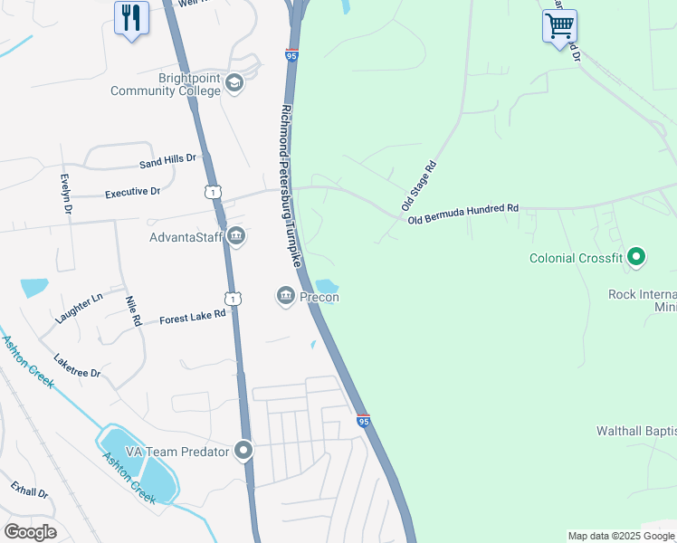 map of restaurants, bars, coffee shops, grocery stores, and more near 2447 Old Bermuda Hundred Road in Chester
