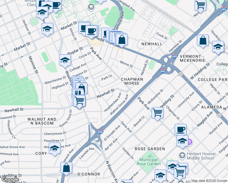 map of restaurants, bars, coffee shops, grocery stores, and more near 1526 Shady Glen Avenue in Santa Clara