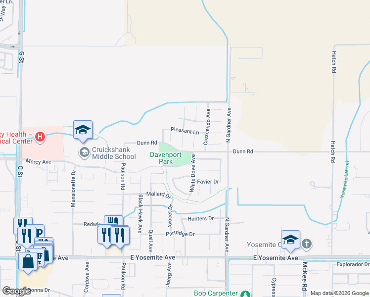 map of restaurants, bars, coffee shops, grocery stores, and more near 4008 Strolling Court in Merced